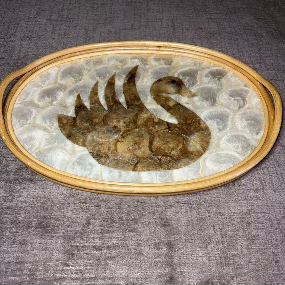 Vintage Sea Shell Serving Tray Swan Design Rattan Boarder & Handles 18.5”x13”